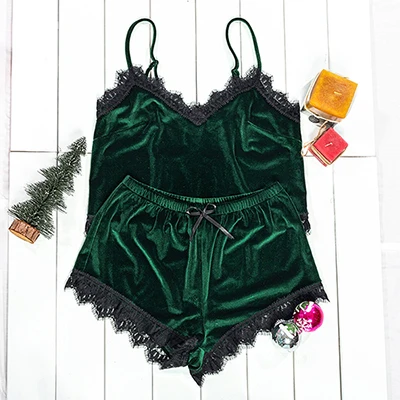 Green VICTORIA'S KEY, Рождественская сексуальная пижама, Женский бархатный пижамный комплект, кружевной топ на бретельках и с бантом, короткий, Осень-зима, пижамный комплект, зеленая ночная рубашка - Цвет: Green
