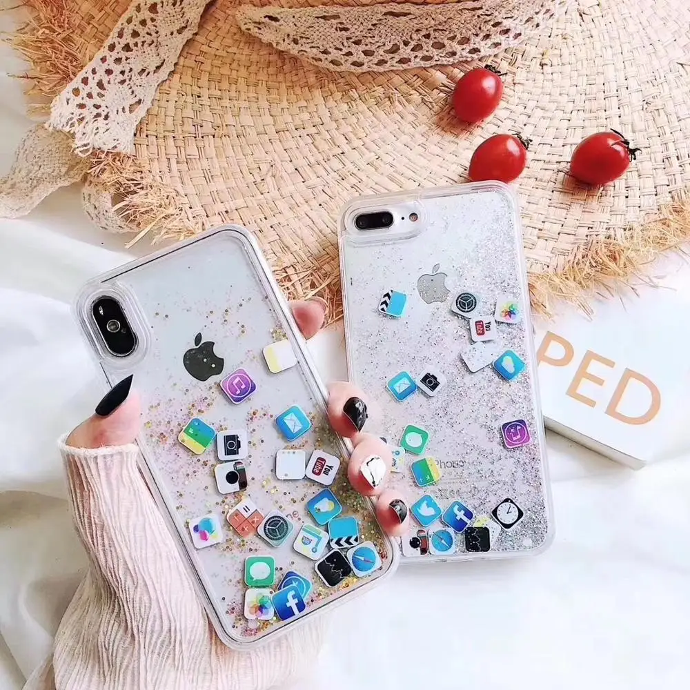 

Quicksand Clear Case For iPhone 6 6S 7 8 Plus X XR XS MAX Cute APP icon Liquid Hard PC Case Capa Cover For iPhone 8 Phone Shell