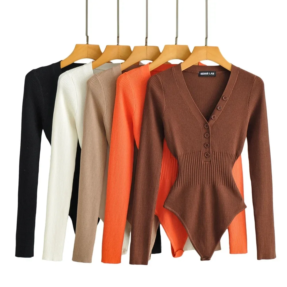 

Autumn Winter Women Long Sleeve V Neck Buttons Knitted Skinny Black Khaki Brown Orange-red Beige Bodysuit Top