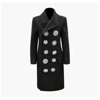 

Winter Rhinestones Long Coat Vintage Female Double-breasted Design Long Sleeve Jacket Autumn Black Oversized Overcoat Feminine