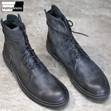 Harajuku/Новинка; сезон осень; Мужские ботинки в байкерском стиле с высоким берцем; модные ботинки в британском стиле на шнуровке с круглым носком; мужские ботинки-карго из натуральной кожи на плоской подошве