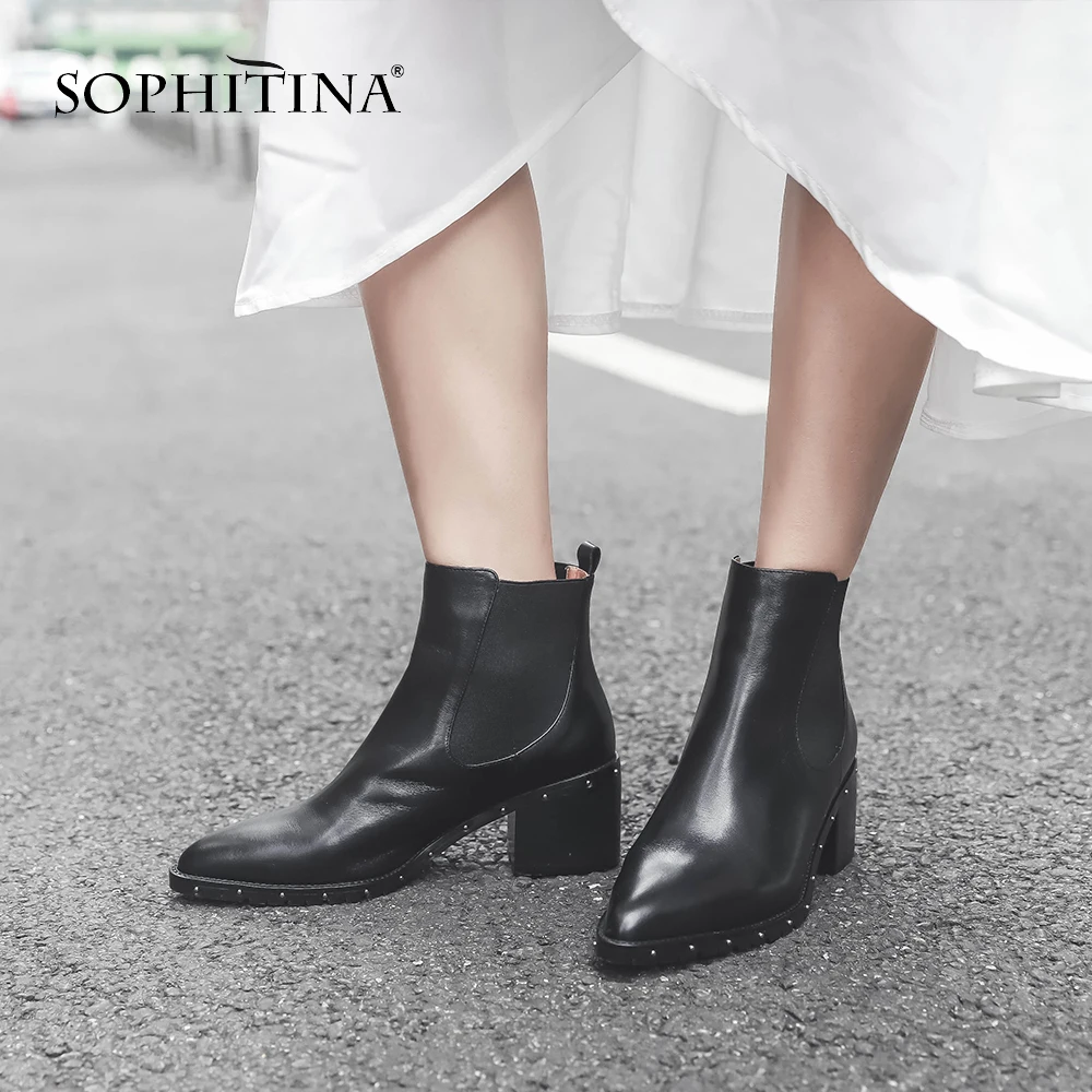 Женские ботинки с острым носком SOPHITINA натуральная кожа квадратный каблук простая