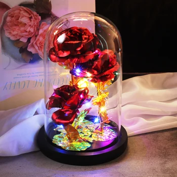 

Beauty And The Beast Red Rose In Flask A Glass Dome On A Wooden Base For Valentines Day Gift LED Rose Lamps Christmas home decor
