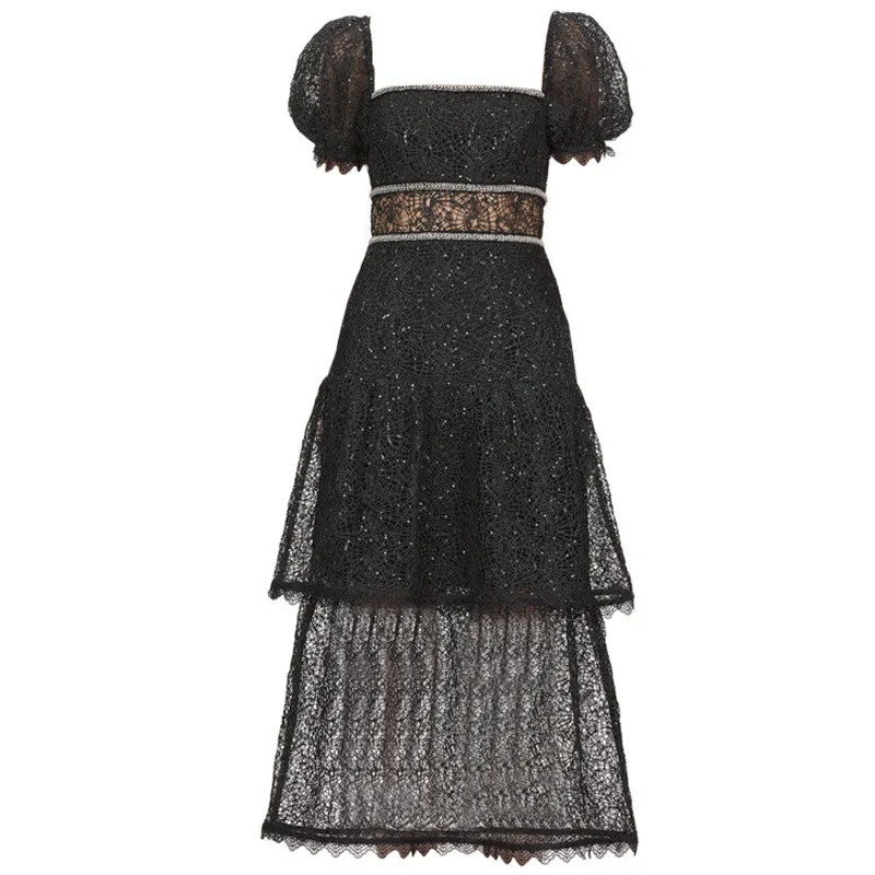 Зимнее Новое поступление Элегантное Черное Кружевное женское платье с вышивкой Сетчатое кружевное сексуальное вечернее платье миди - Цвет: Черный