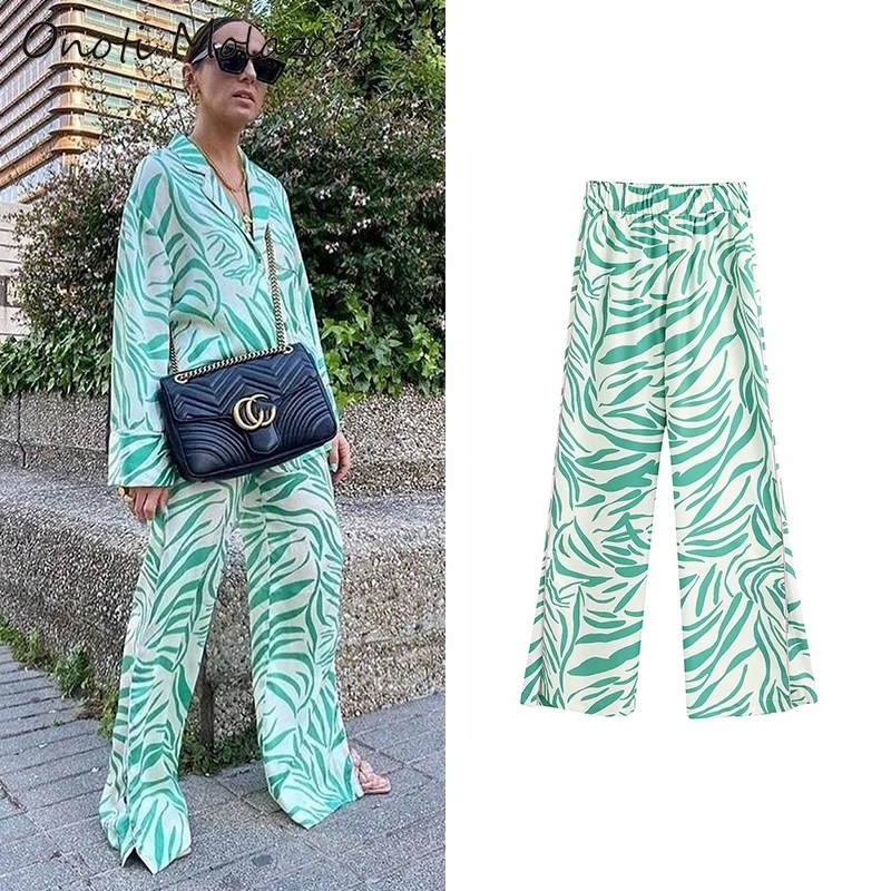 

Onoti green zebra print stripd pants casual straight long trousers tweed pantalon mujer streetwear za woman 2020 fall bottom ins