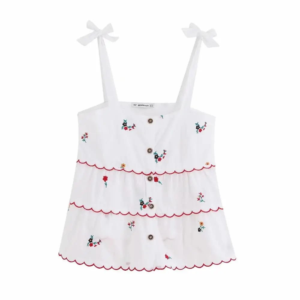 

women floral embroidery white blouse adjustable straps buttons sleeveless female casual sweet chic tops blusas