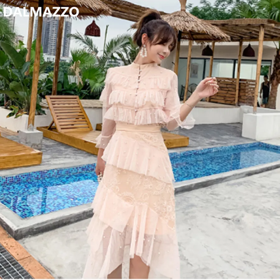 

Drop shipping Elegant Women Pearl Pleated Chiffon Tops and Skirt sets 2 Pieces Set 2019 Newest Autumn Designer Runway Suit