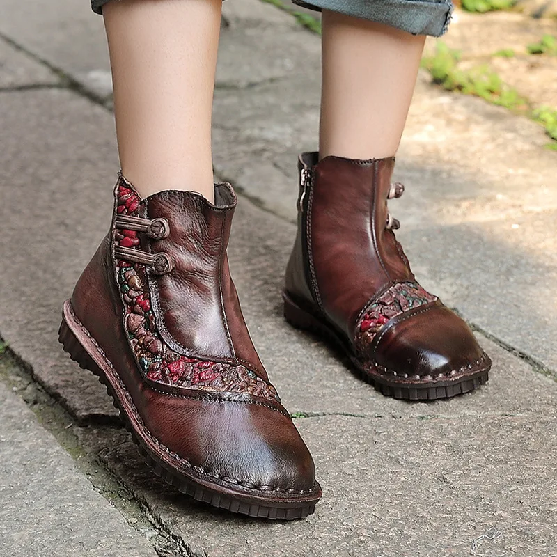 

QPFJQD Genuine Leather Spring Autumn Ladies Platform Boots Round Toe Zipper Flat Shoes Floral Sewing Handmade Retro Ankle Boots
