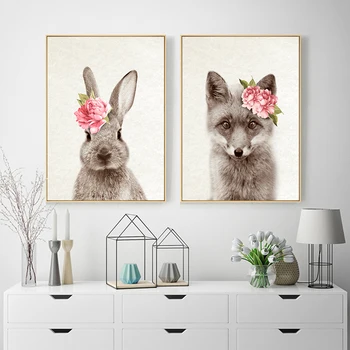 

Flowers Fox Fawn Rabbit Wall Art Picture Woodland Animal Canvas Poster Nursery Print Minimalist Painting Kids Baby Room Decor