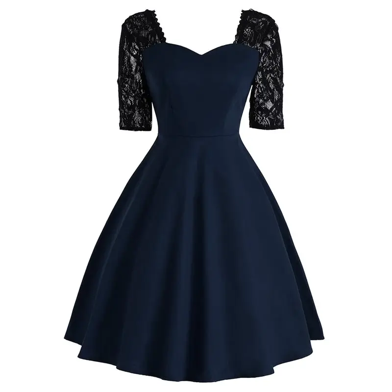 navy blue dress Для женщин 50s Винтаж платье Сексуальное Кружевное элегантное трапециевидной формы; Женские Простые черное кружевное платье вечерние в готическом стиле, в стиле ретро; в стиле «панк»; Платья Vestidos - Цвет: navy blue dress