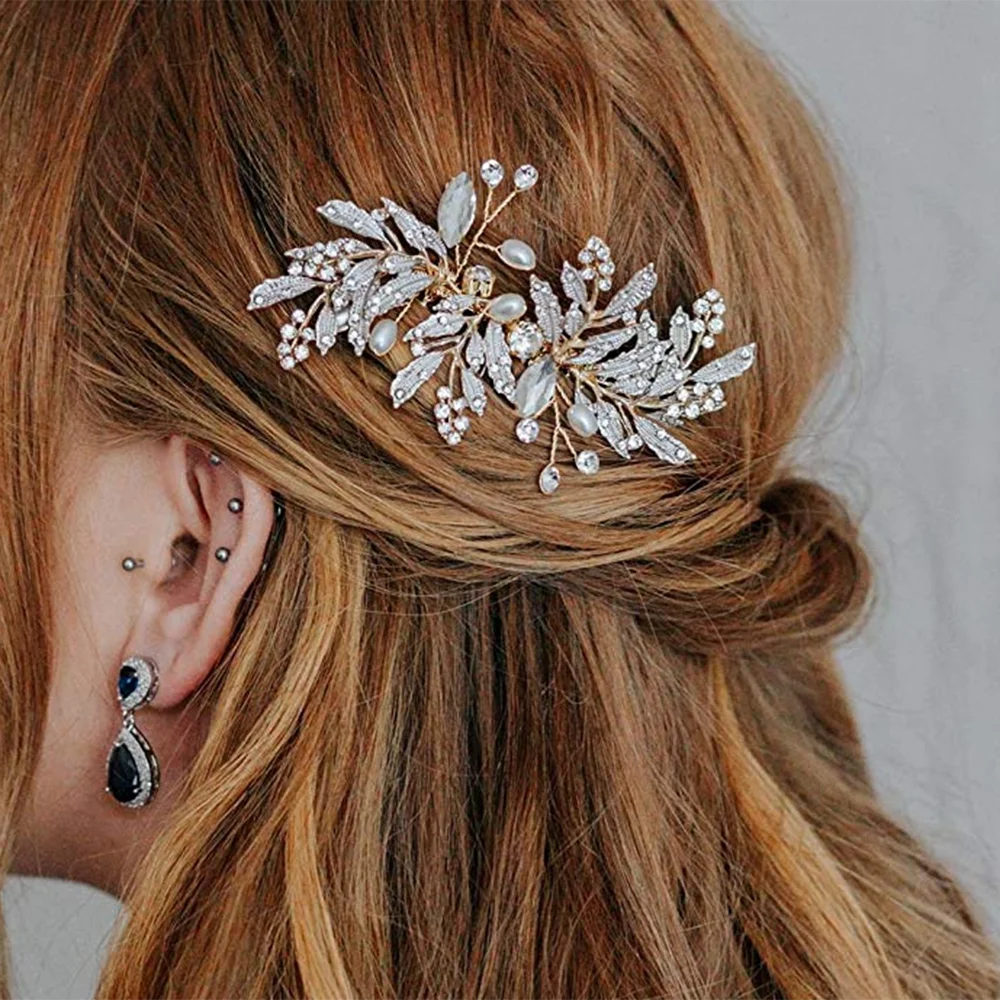 Women Gold Leaf Rhinestones Crystal Hair Comb Bridal Hair Jewelry Weddding Prom Brida Accessories
