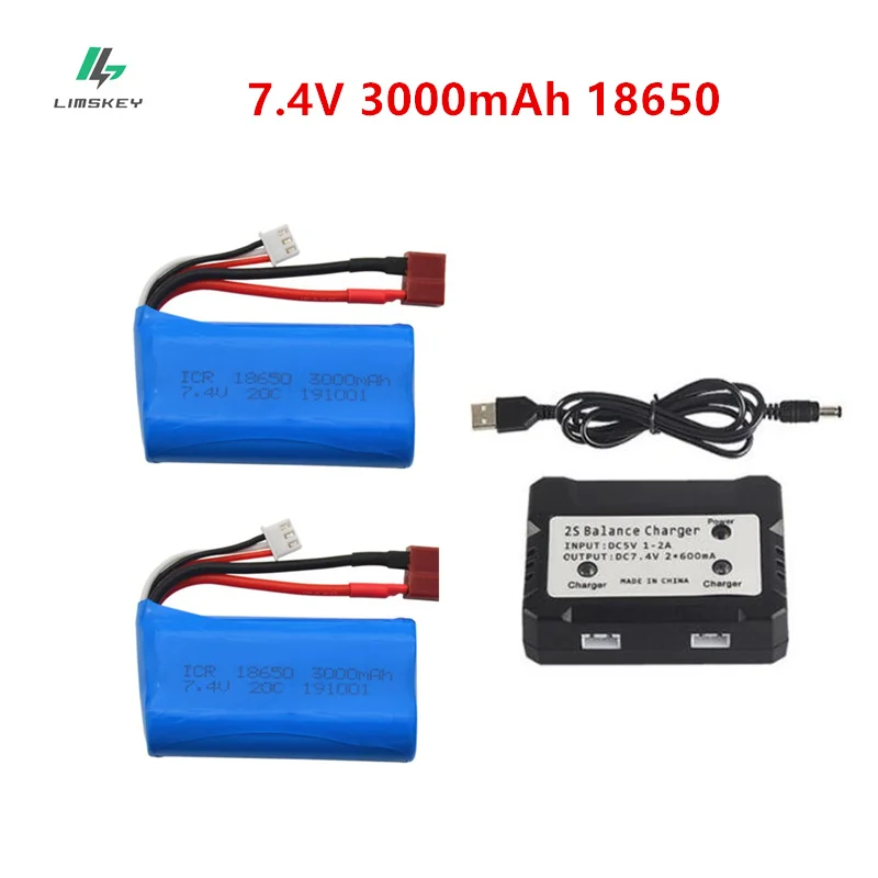 

7.4V 3000mAh lipo Battery 18650 for Wltoys 10428 /12428/12423 Q46 RC Car Spare Parts with charger 7.4V 2S battery for toys parts