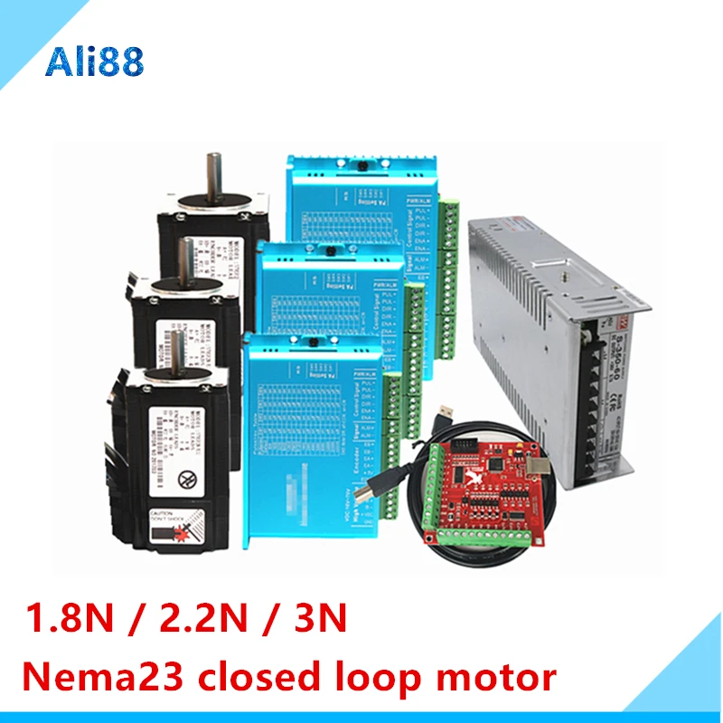 3axis Nema23 motor kit: nema 23 Stepper motor Closed Loop system with 3M cable+servo Drive HBS57H+MACH3 Breakout Board  cnc part