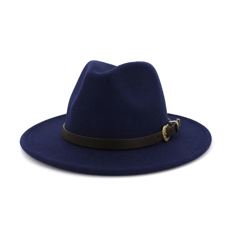 Navy fedora FS Новая Зимняя шерстяная джазовая шляпа для женщин и мужчин с поясом, фетровая Кепка в британском стиле, Осенние желтые фиолетовые круглые шапки-котелки, 16 цветов - Цвет: Navy fedora