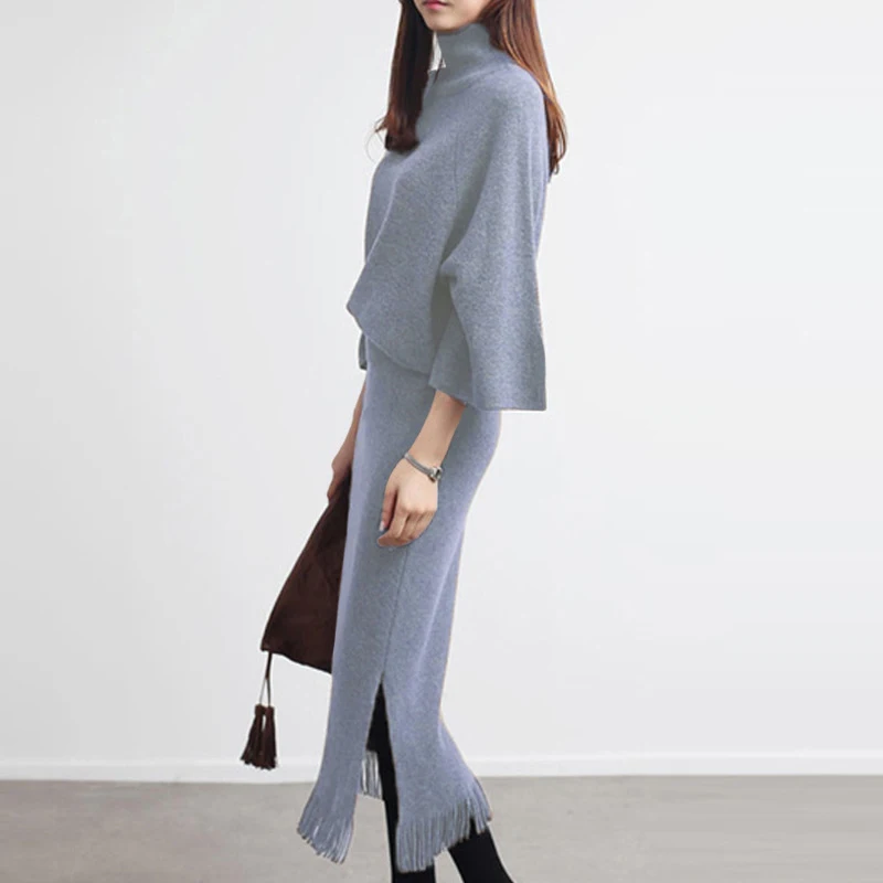 [EAM] юбка средней длины с бахромой, костюм из двух предметов, новинка, водолазка, рукав три четверти, свободная женская мода, весна-осень, JZ113 - Цвет: Dark grey