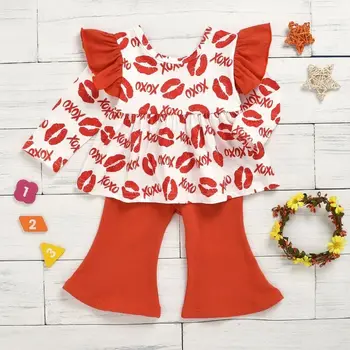 

US Toddler Kid Baby Girl Valentine's Day Clothes Ruffle Top Flared Pants Outfit