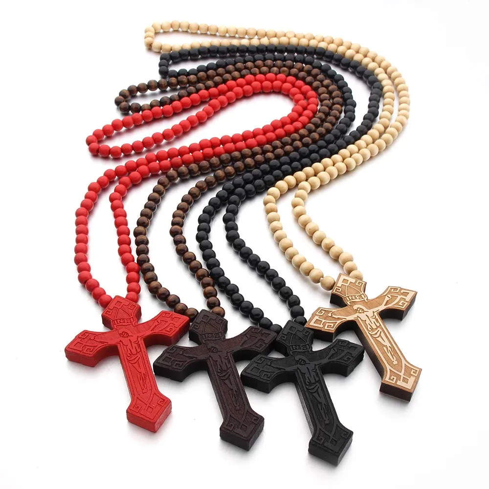 Rosary Necklace Wood Jesus Christ Cross Pendant With Wooden Beads Sweater Chain Male Collier Statement Jewel photo