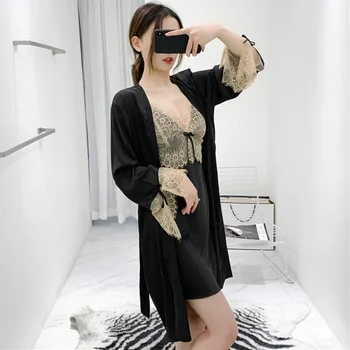 

Black silk night gowns Two-piece set pajamas for women 2020 summer knee high robe sets lace red Dressing gowns for women FG073
