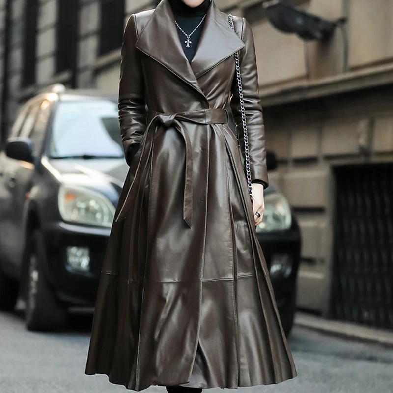 Women's Genuine Leather Sheepskin Down Coat, Long, Thick, Warm, Female Quality Outerwear, Brand, Autumn, Winter