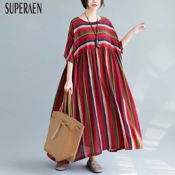 

SuperAen 2020 Spring New Women Dress Half Sleeve Cotton Casual Ladies Dress Striped Round Collar Fashion Women Clothing