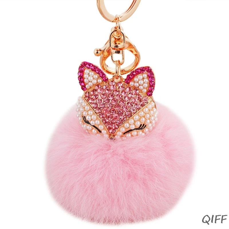 

Rabbit Fur Ball Pom Pom Keychain with Fox Head Inlay Pearl Rhinestone Key Chain