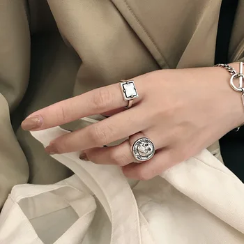 

Silvology 925 Sterling Silver Square Open Rings Vintage Round Avatar High Quality Korea Rings for Women 925 Personalized Jewelry