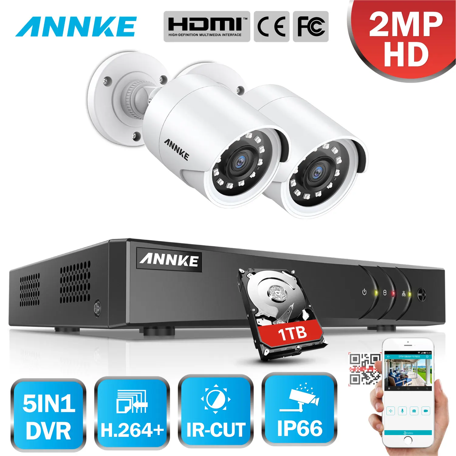 ANNKE 4CH 5-в-1 цифровой видеорегистратор, система CCTV 4CH 2,0 Мп ИК IP66 Наружные камеры безопасности 1080P HDMI система видеонаблюдения TVI DVR комплект