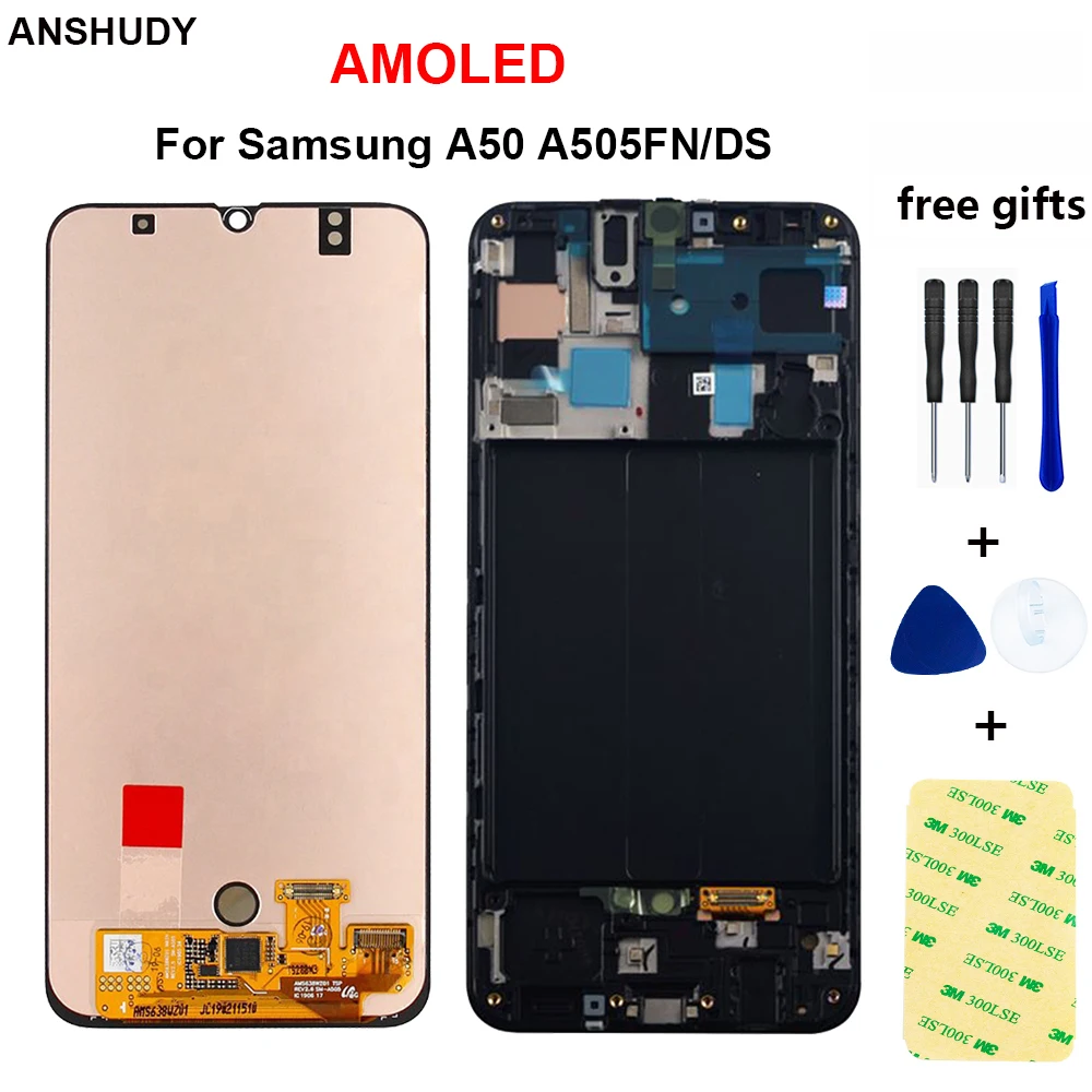 

AMOLED For Samsung Galaxy A50 SM-A505FN/DS A505F/DS A505 LCD Touch Screen Digitizer Assembly With Frame For A50 lcd Display