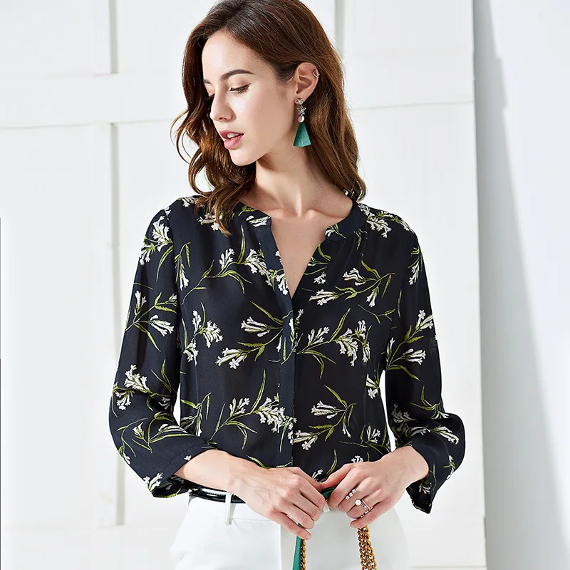 Vrouwen s blouses en tops zijde bloemen kantoor formele casual shirts plus grote maat 2019 summer sexy Haut femme zwart groene bloem