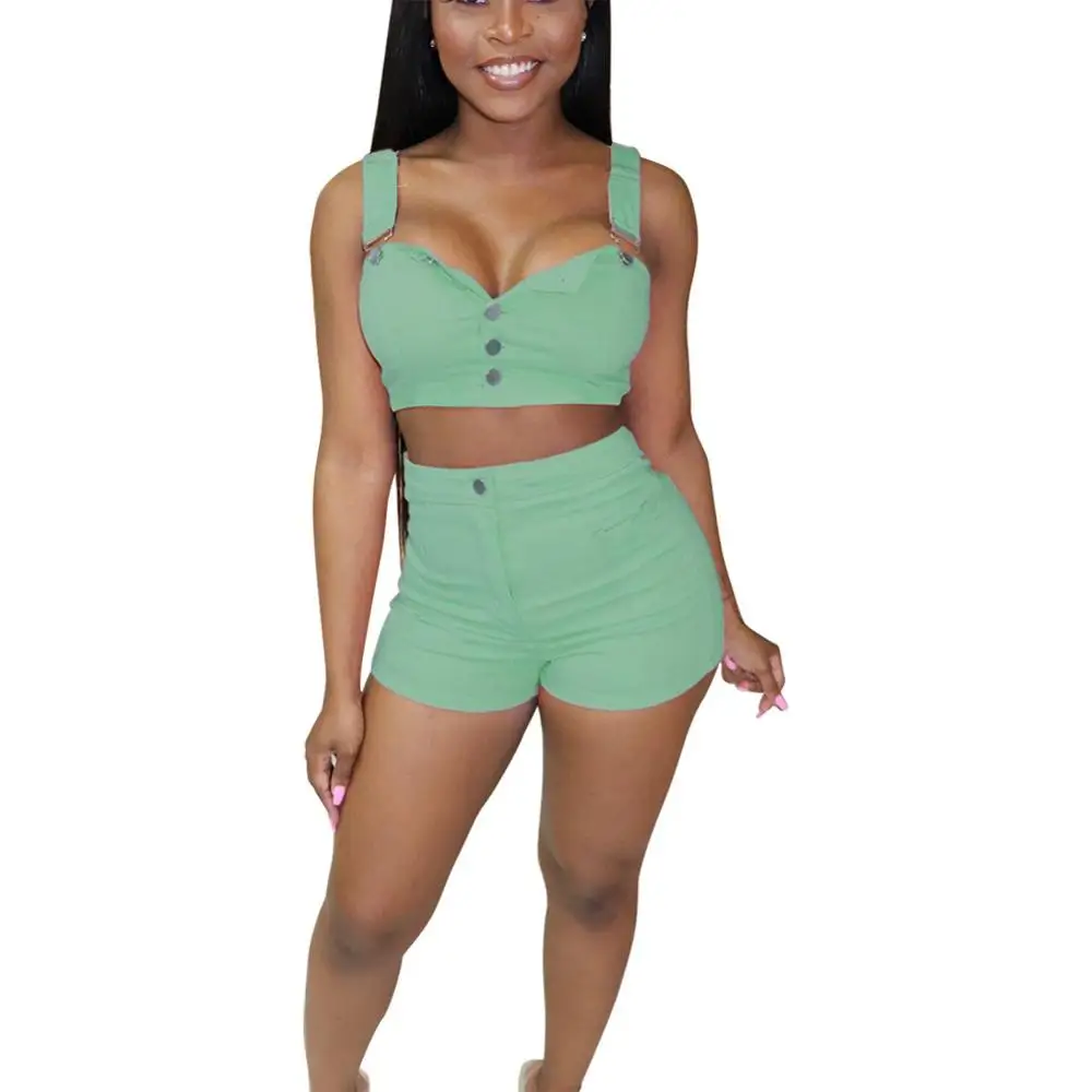 Adogirl/женские модные джинсы комплект из двух предметов с пуговицами и бретельками укороченный топ+ узкие шорты сексуальный Повседневный джинсовый костюм Клубная одежда - Цвет: green suit