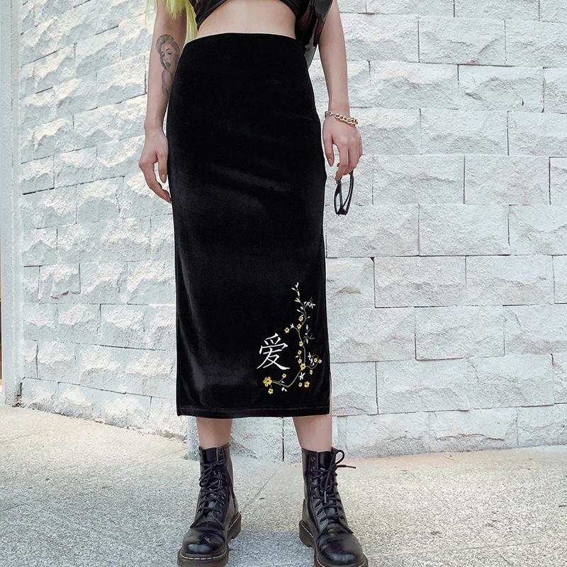 IAMHOTTY, длинная юбка с цветочной вышивкой в китайском стиле, высокая сторона-разрез, прямая элегантная юбка миди, модная повседневная черная Женская юбка