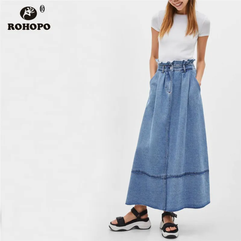 

ROHOPO Overlocked High Waist Discover Thread Patchwork Sky Blue Ankle Length Jeans Skirt Vintage Maxi Denim Falda #2408
