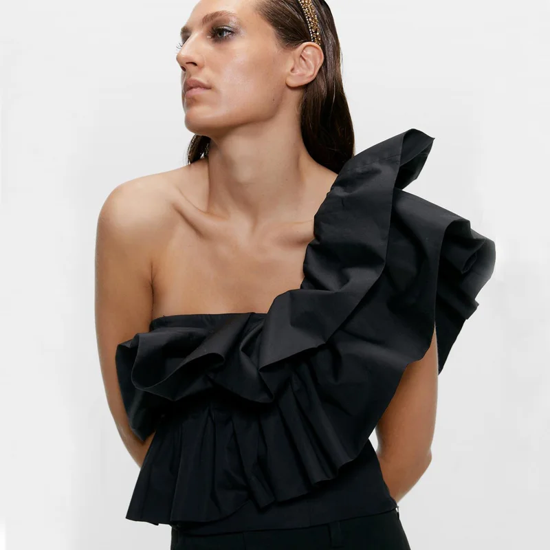 

Fandy Lokar Cascading Solid Tshirts Women Fashion Sexy One Shoulder Tops Women Elegant Poplin Slim Tees Female Ladies IK