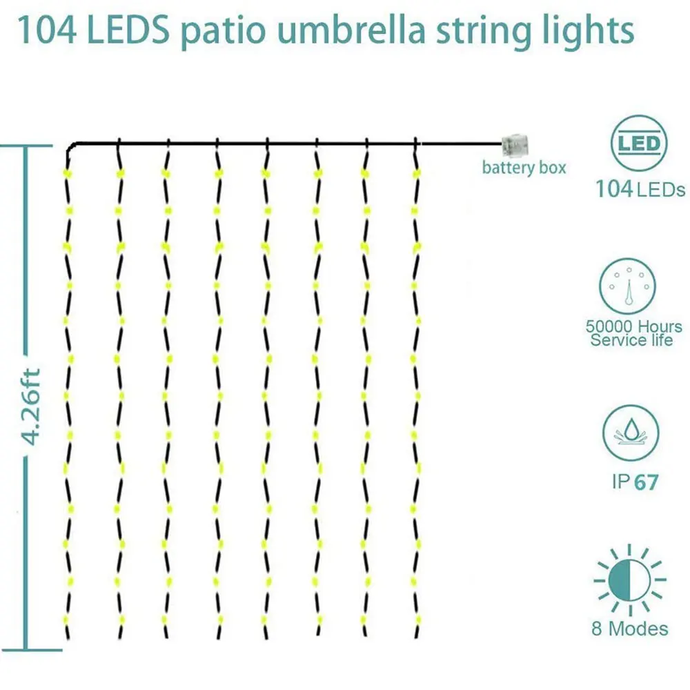 Outdoor Patio LED Umbrella String Lights 104 LEDs 8 Lighting Mode with Remote Control Waterproof Lighting for Camping Tents