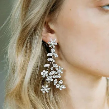 

StoneFans Luxury Wedding Flower Drop Earrings for Bridal Jewelry Shiny Crystal Leaf Cubic Zirconia Long Earring Accessories