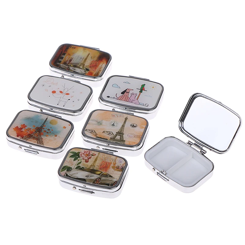 1PC Metal Pill Box Portable Square Flower Print Organizer 2 Compartment Pill Case Storage Tablet Container Box