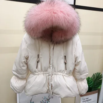 

Winter Women 90% White Duck Down Jackets Large Coat Real Fur with Short Hood Parkas Lady Warm Thin Snow Down Garments