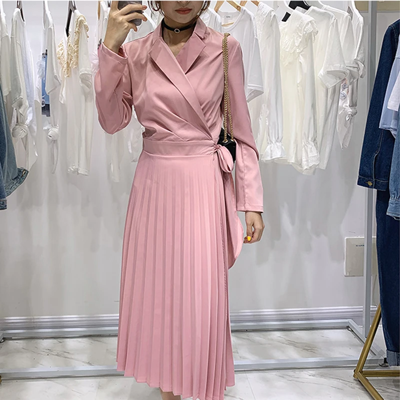 Pink Dress Женская одежда, Осеннее дизайнерское плиссированное платье с длинным рукавом, модное платье с бантом и зубчатым воротником, обтягивающее женское вечернее платье - Цвет: Pink Dress