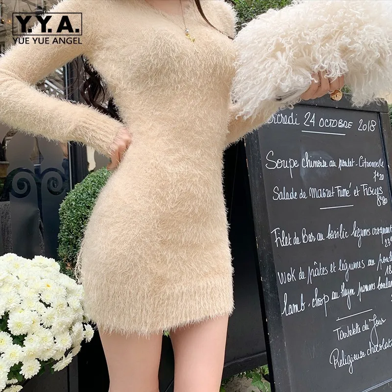 Hot Sexy Women V Neck Bodycon Knit Dress Fluffy Club Party Wrap Mini Dresses Korean Lady Winter Slim Fit Stretchy Sweater Dress