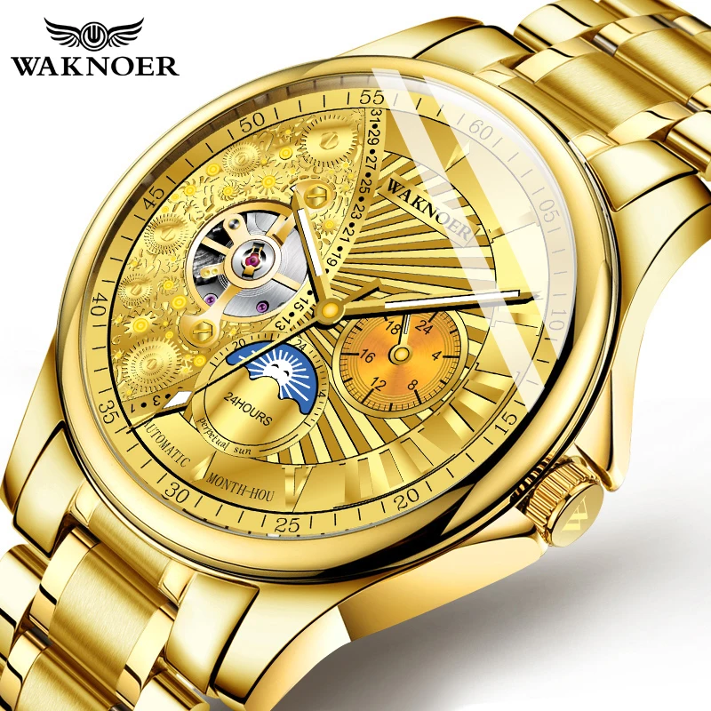 Бренд WAKNOER, мужские часы, автоматические механические часы, турбийон, спортивные часы, нержавеющая сталь, деловые наручные часы, Reloj Hombre