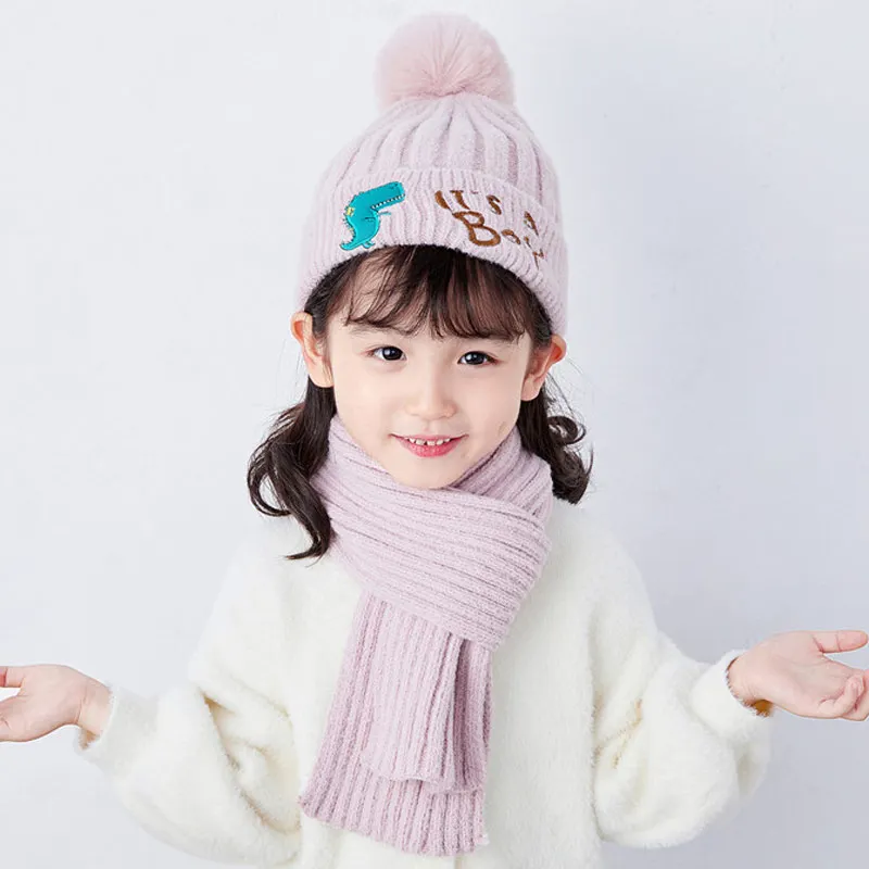 2-8years Children Fleece Knit Hat Winter Kids Scarf Set for Girls Boys Yellow Grey Red Pink