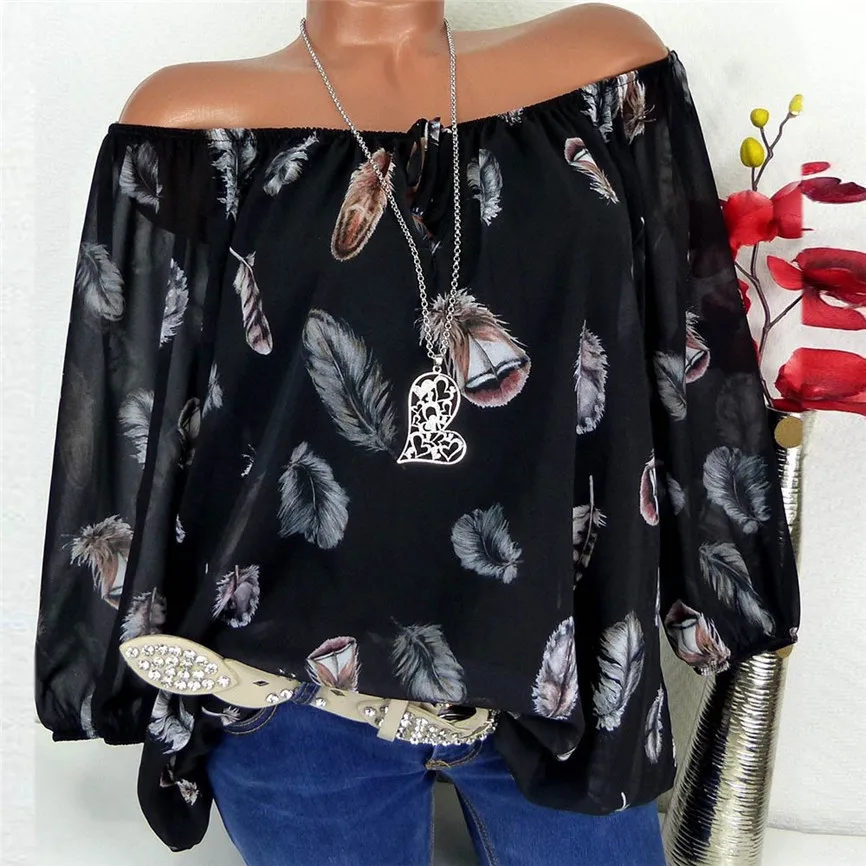 

Blouse et Chemisier Femme Women Plus Size Half Sleeve Lady Shirt Top Feather Print V-neck Blouse Pullover Tops Office Shirt