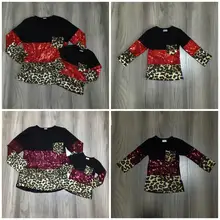 Весенне-зимние футболки с маркой бутика для маленьких девочек, одежда, хлопковый топ с леопардовым принтом красного и винного цветов, Детские реглан с блестками и длинными рукавами mommy& me