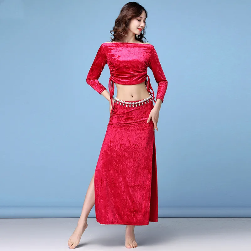 2pcs Red Комплект из 2 предметов для танца живота, тренировочная Одежда для танцев, бархатная одежда, топ+ юбка для женщин, костюм для танца живота, Женский комплект для танцев на заказ - Цвет: 2pcs Red