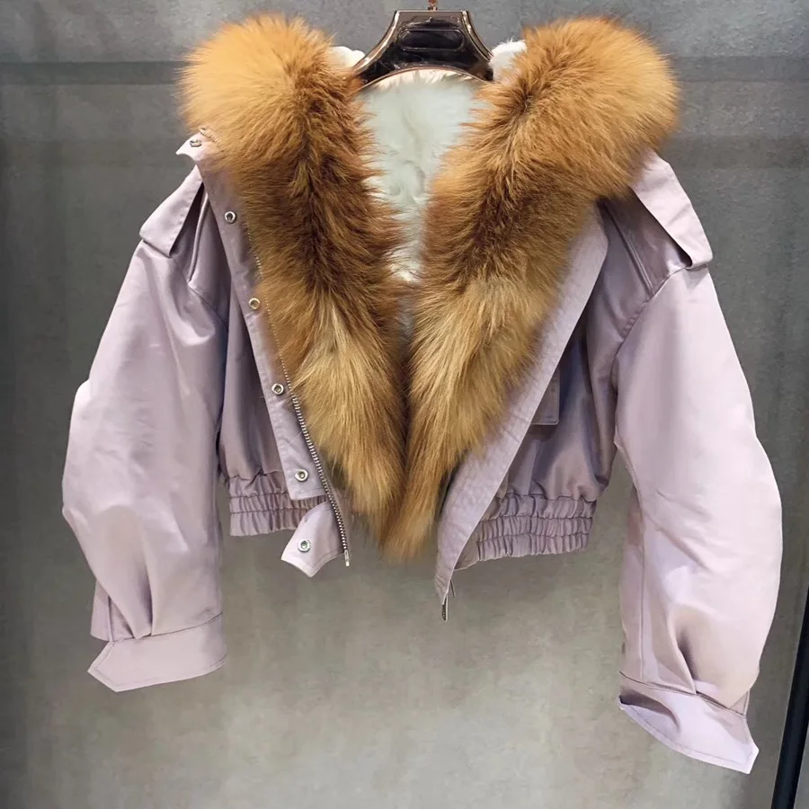 pink red fox fur Новинка, модная женская зимняя куртка с натуральным лисьим мехом, парка с капюшоном, капюшон из красного лисьего меха, женская короткая верхняя одежда, пальто - Цвет: pink red fox fur