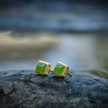 

Natural Hetian Jasper geometric Square Earrings Chinese retro minority Bohemian elegant charm women's Christmas Halloween Gift