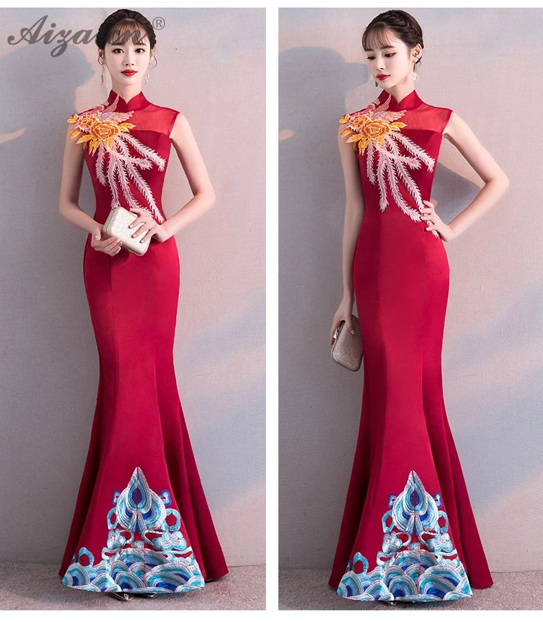 Красный Русалка Вышивка Cheongsam современные невесты вечерние платья Qi Pao женское китайское свадебное платье Qipao продвижение халат