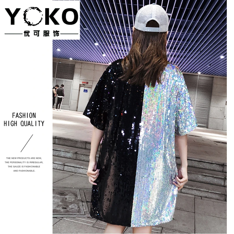 YOKO блестящие мультфильм длинный Блестящая футболка для женщин в стиле хип-хоп лето новая модель куртки с хлопковой подкладкой в Корейском стиле, свободная футболка с короткими рукавами рубашка с блестками