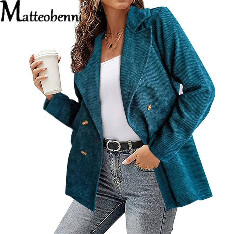 2021 Spring Autumn Fashion Corduroy Blazer Jacket Women Casual Pockets Long Sleeve Work Suit Coat Office Lady Solid Slim Blazers