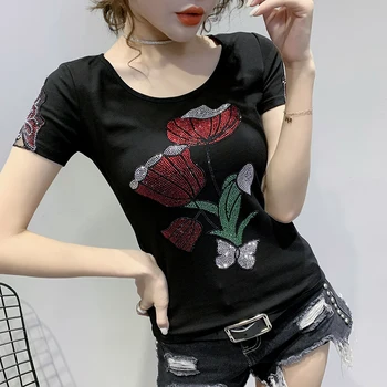 

Summer Fashion Korean Clothes T-shirt Lotus Diamonds Cotton Women Tops Ropa Mujer Short Sleeve Sexy Back Tees 2020 New T04512